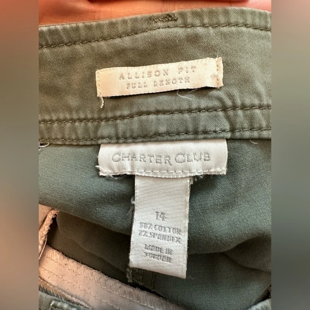 Charter Club Women’s Green Olive Allison Fit Full Length Pants Size 14 #1676